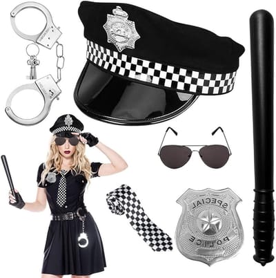 Politie Kostuum Accessoires Set voor Vrouwen, 7-delige Set met Handboeien, Badge en Baton voor Cosplay en Feestjes