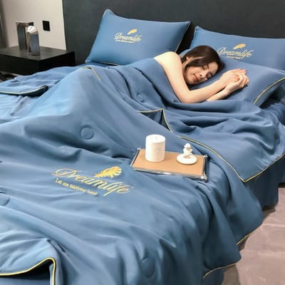 Luxe Gewassen Zomer Koel Dekbed IJszijde Airconditioning Enkel Dubbel Dun Deken Beddengoed Queen Size (GEEN Kussensloop Laken 150x200cm 1PC Quilt beige