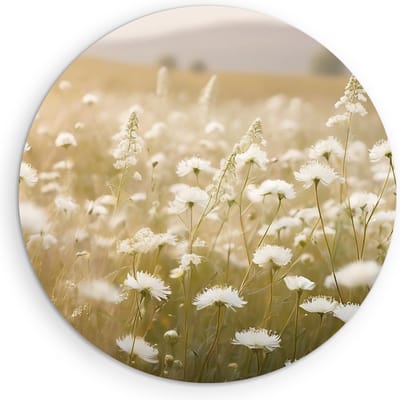 Saammp Muurcirkel Hout - Landschap - Wit - Bloemen van dichtbij - Natuur - Ø 90 - Wandcirkel - Wanddecoratie Cirkel - Muurdecoratie Woonkamer - Slaapkamer decoratie - Rond Schilderij