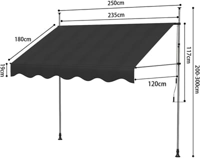 Jently luifel - zonnescherm - uitschuifbaar - klem - handmatig - 200-300x250 - zwart