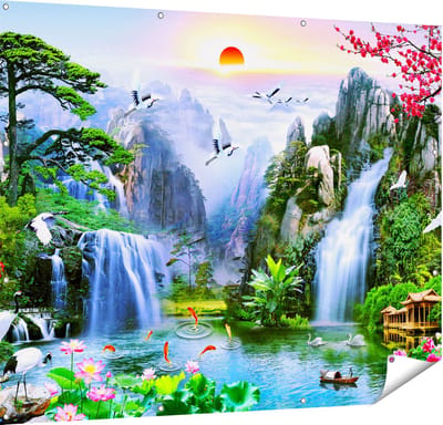 Gards Tuinposter Watervallen in de Bergen - Abstract - 150x120 cm - Tuindoek - Tuindecoratie - Wanddecoratie buiten - Tuinschilderij