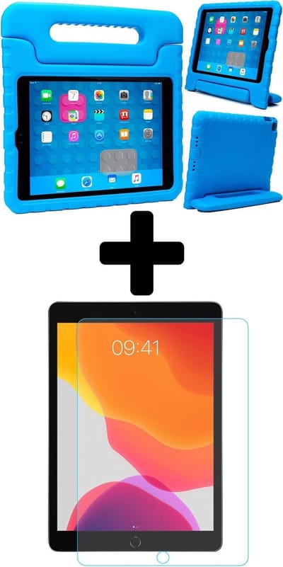 Hoesje - Geschikt voor Apple iPad 7 (2019) - 10.2 inch - 7e Generatie - Met Screenprotector - Kinderhoes - Shockproof Bumper - Kidsproof Case - Tablethoes - Kinder Hoes Cover - Blauw