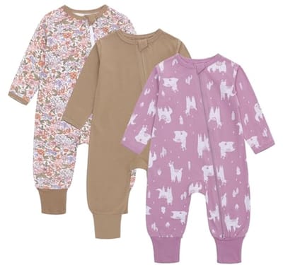 Zomerslaapzak voor baby's - 3 stuks, 0,5 TOG, ademend katoen, met voeten en mouwen, geschikt voor 3-6 maanden - paars/lila