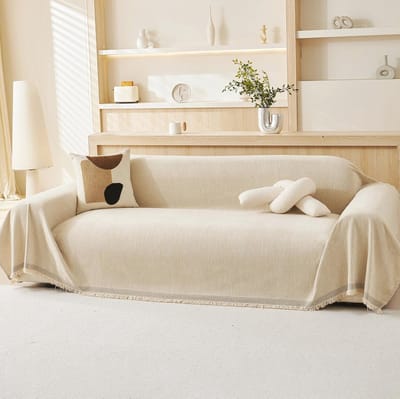100% Chenille Natural Sofa Large Throw - Extra Large Luxury Soft Blanket for Couch, Chair, or Bed, Cream Beige - 180x230CM