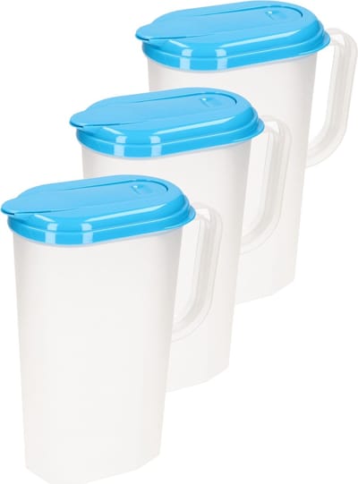 Plasticforte Waterkannen - 3x stuks - transparant - met deksel blauw - 2 liter - kunststof - sapkannen - karaf - schenkkannen