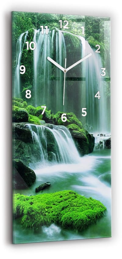 Wallfluent Wandklok - Waterval tussen het mos Unieke Wandklok - 30 cm x 60 cm - Groente Wandklok - Witte Handen - Wandklok Met Cijfers - Kinder Wandklok Glas - Rechthoekige Glas Klok - Industrieel Wandklok - Unieke Wandklok