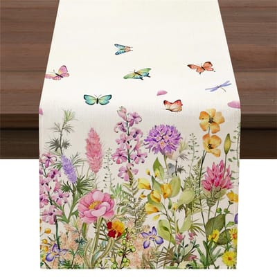 Printemps Été Floraisons Florale Lin Chemin de Table Décoration de Fête Fleurs Sauvages Aquarelle Papillon Chemin de Table de Cuisine Décoration de Mariage 150x33cm