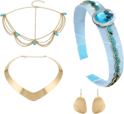Dames Prinsessen Kostuumaccessoires met Blauwe Haarband, Gouden Oorbellen, Ketting en Frontal Chain voor Cosplay, Carnaval en Themafeesten