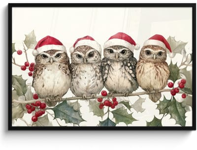 Poster in lijst - Fotolijst 120x80 cm - Posters - Uilen - Tak - Hulstblaadjes - Kerstmuts - Posterlijst zwart - Decoratie - Wanddecoratie woonkamer - Muurdecoratie slaapkamer - Kerstversiering - Kerstdecoratie voor binnen - Kerstmis