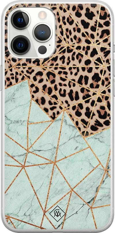 Casimoda® hoesje - Geschikt voor iPhone 12 Pro Max - Luipaard Marmer Mint - Siliconen/TPU telefoonhoesje - Backcover - Luipaardprint - Bruin