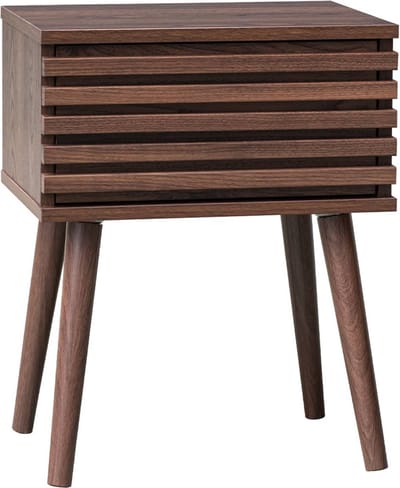 sweeek - Nachtkastje in scandinavische stijl met houtdecor, gegroefde lade en kompaspoten