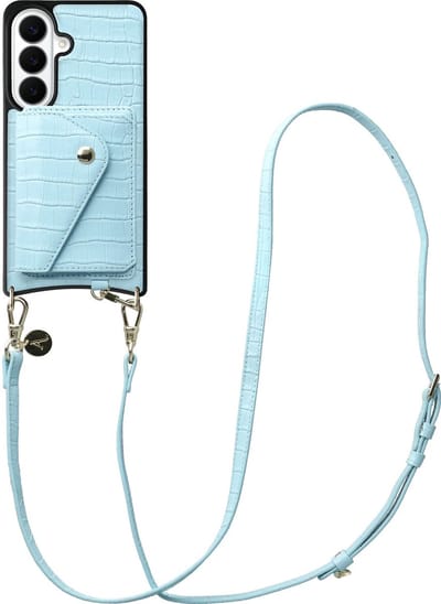 AVY Leren Hoesje geschikt voor Samsung Galaxy S26 Plus | Met Koord en Kaarthouder | Compatibel met MagSafe | Leather Case met Crossbody Koord & Wallet | Long Leather | Croco Blauw