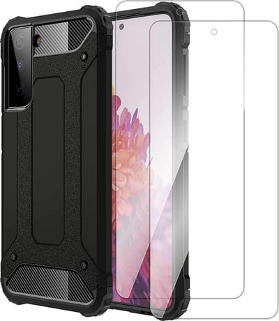 Casemania Hoesje Geschikt voor Samsung Galaxy S21 FE - Zwart + 2X Glazen Screenprotector - Anti Shock Hybrid Armor Back Cover
