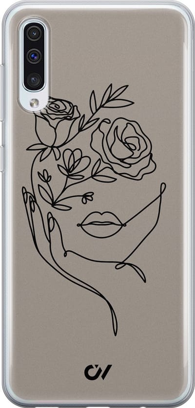 Hoesje geschikt voor Samsung Galaxy A50 - Oneline Face Flower - - Grijs - Soft Case Telefoonhoesje - TPU Back Cover - Casevibes