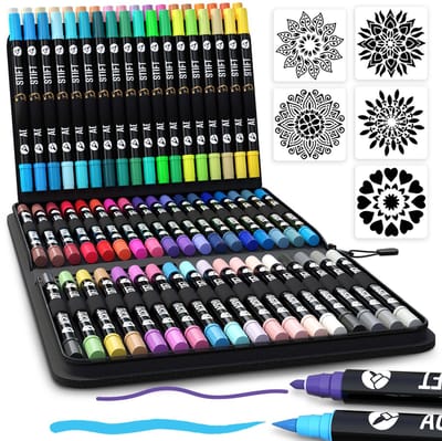 Napi Acrylstiften 72st - Brush en Fine Tip Twinmarkers - Verfstiften Happy Stones - Stenen Schilderen met Acryl Verf Marker Stiften - Volwassenen en Kinderen - Incl. 5 Mandala Sjablonen