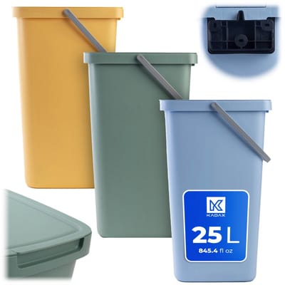 KADAX afvalbak 25L, set van 3, met deksel en handvat, kunststof afvalbak, prullenbak, afvalverzamelaar (groen, geel, blauw)