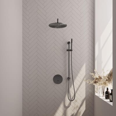 Brauer Gunmetal Edition thermostatische inbouw regendouche 3-weg rond SET 88 met 30 cm douchekop en gebogen muurarm en staaf handdouche en doucheslang en geïntegreerde glijstang gunmetal geborsteld PVD