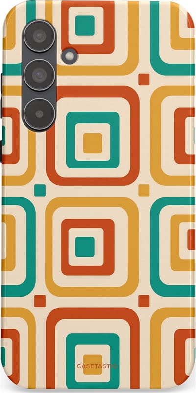Casetastic hoesje geschikt voor Samsung Galaxy A55 - Dubbellaagse bescherming - Retro Vierkant verlangen - Fashion Case - Crème Terracotta Goud Turquoise