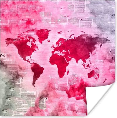 Poster 30x30 cm - Wereldkaart - Kranten - Roze - Posters - Kamer decoratie - Wanddecoratie woonkamer - Muurdecoratie slaapkamer