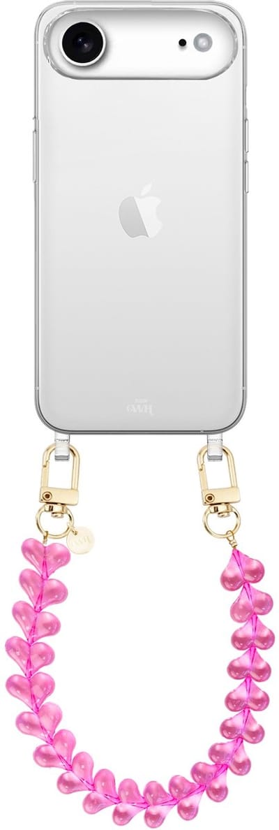 xoxo Wildhearts siliconen hoesje - Geschikt voor iPhone 17 Air hoesje - Funky Hearts - Telefoonhoesje - Hoesje met koord - Transparant roze koord - kort telefoonkoord - Hartjes ketting - Transparant hoesje