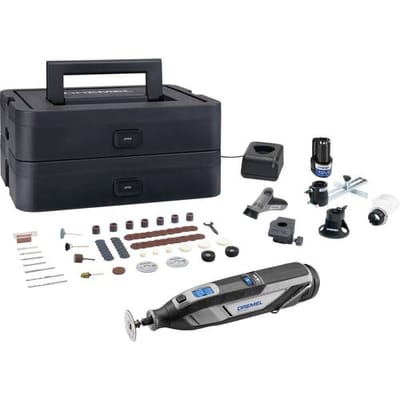 Dremel 8240 5/56 platinum editie - Inclusief 2x 12V 2.0 Ah accu - 65 accessoires - Detailhandgreep - lijn-en cirkelgeleider - multifunctioneel freeshulpstuk - bewerkingsplatform -comfort guard hulpstuk - lader