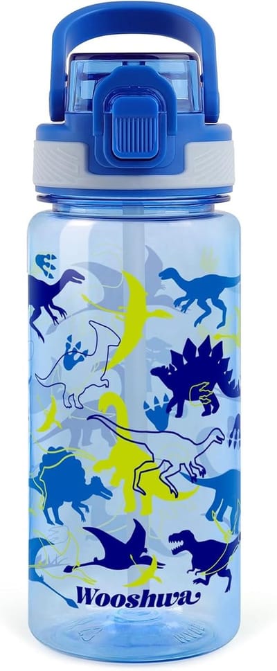 SnelShoppen - Kids Drinkfles met Rietje 600ml, Lekvrij, BPA Vrij, Veilig Sluitende Waterfles voor Kinderen, Sport, School, Reizen, Dino Blauw