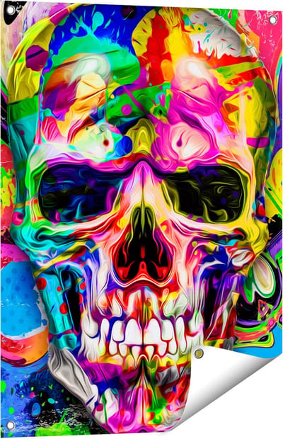 Gards Tuinposter Gekleurde Schedel - Doodskop - Doodshoofd - 60x80 cm - Tuindoek - Tuindecoratie - Wanddecoratie buiten - Tuinschilderij