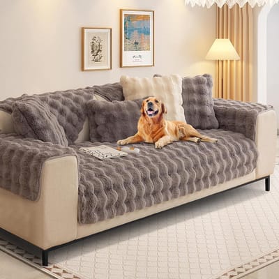 Rabbit Plush Sofa Cover, L-Shape, 1 / 2 / 3 / 4-Seater Sofa Cover, Corner Sofa, U-Shape, 2023 Universal Non-Slip Sofa Protector, Super Soft Sofa Throw Made of Faux Fur for the Living Room (Grey, 70 x