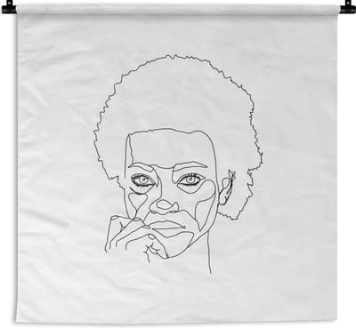 Wandkleed Line-art Vrouwengezicht - 24 - Illustratie vrouw met afro op een witte achtergrond Wandkleed katoen 150x150 cm - Wandtapijt met foto
