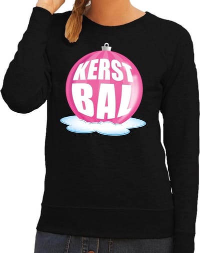 Foute kersttrui sweater - kerstbal roze - voor dames - zwart - lange mouwen S