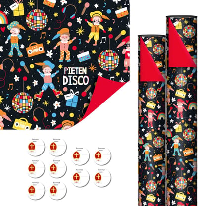 Sinterklaas Luxe Dubbelzijdig Inpakpapier 2 x Rollen - 10 x Cadeaustickers - Pietendisco - Rood - Cadeaupapier - 200 x 70 cm