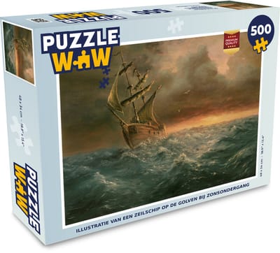 Puzzel Illustratie van een zeilschip op de golven bij zonsondergang - Legpuzzel - Puzzel 500 stukjes