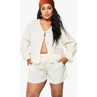 boohoo Dames Plus Shell Trim Tie Front Beach Co Ord | Ecru | Maat: 20/22