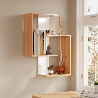LUNOR® Lisbon – Wandplank – Wandrek met 3 Planken – Wandschap – Boekenrek Wand – Wandkast – Bamboe/Wit – 85x64 cm