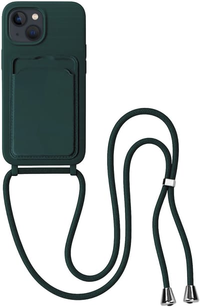 Hoes Geschikt voor iPhone 13 Hoesje Pas Houder Case Hoes Met Koord - Hoesje Geschikt voor iPhone 13 Hoes Met Telefoonkoord Pasjeshouder Cover - Donkergroen