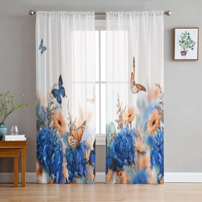 Hortensia's en Madeliefjes Chiffon Transparante Gordijnen Voor Woonkamer Slaapkamer Decoratie Raam Tule Gordijnen Drapes 135W x 114H(cm) white
