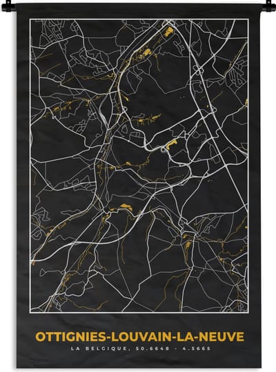Wandkleed - Wanddoek - Stadskaart - Plattegrond - Ottignies,Louvain-La-Neuve - Kaart - Goud - 120x180 cm - Wandtapijt