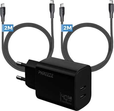 Phreeze usb C oplader 40 W - Power Delivery Dual port GaN oplader met 2 usb C kabels 2 meter - Snellader voor telefoon, laptop en powerbank