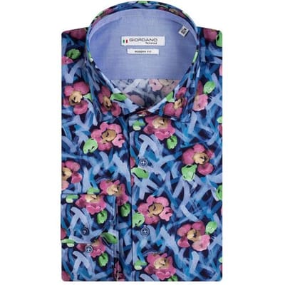 Giordano Overhemd Abstract Flower Pattern Maggiore Semi Cutaway Navy-Groen-Roze / male