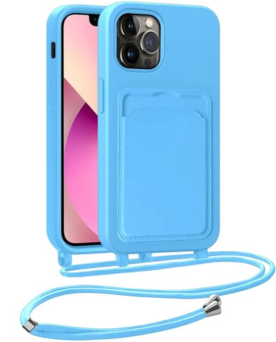 Hoesje Geschikt voor iPhone 13 Pro Telefoonhoesje Met Koord Case Pashouder Siliconen - Hoes Geschikt voor iPhone 13 Pro Hoesje Met Kaarthouder - Lichtblauw