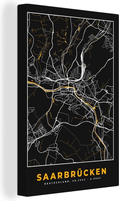 Canvas Schilderij Saarbrücken – Stadskaart – Gold – Plattegrond – Stadskaart – Kaart - Duitsland - 20x30 cm - Wanddecoratie