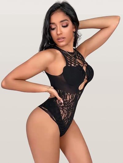 LekkerStout Jacquard Bodysuit - Transparant - Zwart - Sexy Lingerie | S-L | ( LS014E )