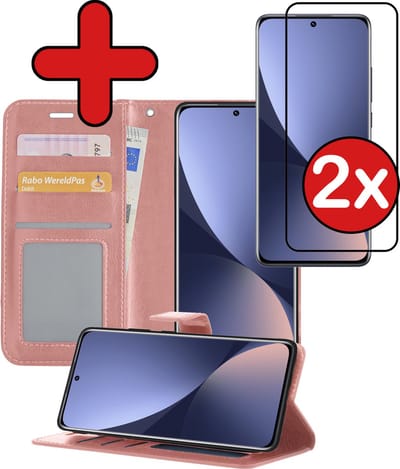 Hoesje - Met 2x Screenprotector - Geschikt voor Xiaomi 12X - Luxe Pasjeshouder - Flip Case - Bookcase Portemonee - Kunstleer Book Case - Flipcase Hoes - Book Cover - Walletcase - Portemonneehoes - Telefoonhoes - Rosé goud