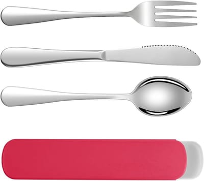 Herbruikbare Camping Bestekset van 3 Stukken, Draagbaar RVS Bestek met Plastic Opbergdoos voor Buiten, Picknick en Kantoor Lunch