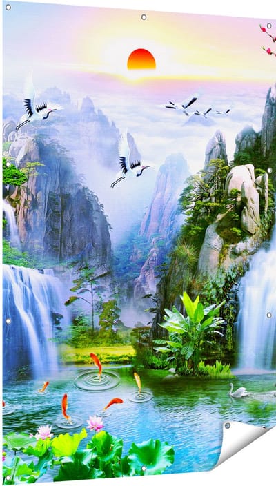 Gards Tuinposter Watervallen in de Bergen - Abstract - 100x150 cm - Tuindoek - Tuindecoratie - Wanddecoratie buiten - Tuinschilderij
