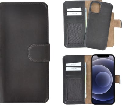 iPhone 12 Mini hoesje - Bookcase - Portemonnee Hoes 2in1 Uitneembaar Echt leer Wallet case Donker Bruin