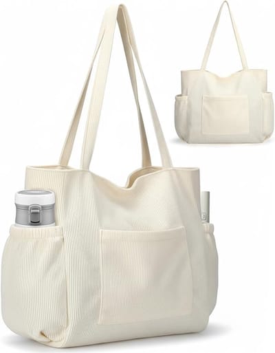 Grote Strandtas Dames XL - 38.5 x 36 cm - Corduroy Tote Bag - Shopper met Zijvakken & Rits - Grote Capaciteit voor Handdoek & Zonnebrand - Voor Vakantie & Strand - Beige