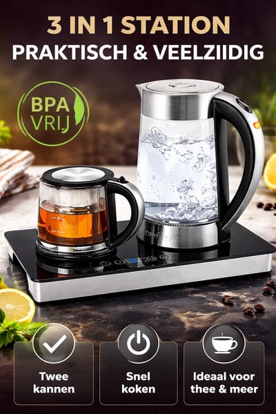 Thee- en Koffiestation 2-in-1 – 1,7L Glazen Waterkoker met 0,8L Theepot, Warmhoudfunctie, Temperatuurinstelling & Touch Bedieningspaneel | 2200W
