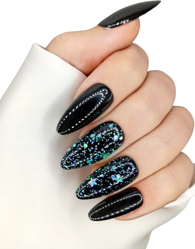 SD Press on Nails - B-172 - Plaknagels met nagellijm - Lang Stiletto Kunstnagels - Zwart Glitter Groen - Set 20 Nagels - Handmade - Gellak - Accessoires Feestdagen - Nagelset - Nails at Home - Lange nagelstips