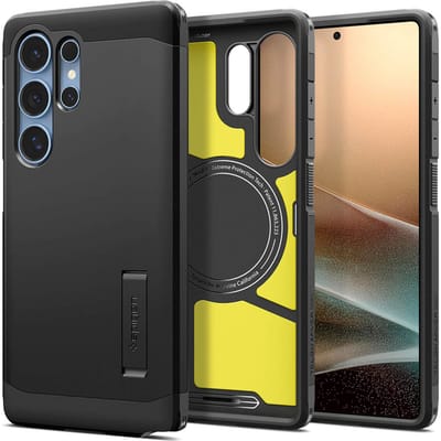 Spigen Tough Armor Hoesje Geschikt voor Samsung Galaxy S25 Ultra | Compatibel met MagSafe en Qi2 | Back Cover Militaire Standaard | Kickstand | Zwart